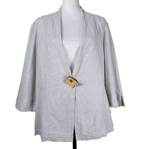Soft Surroundings Linen Blend Jacket L Wood Button 3/4 Sleeve Relaxed Coastal - Picture 1 of 10